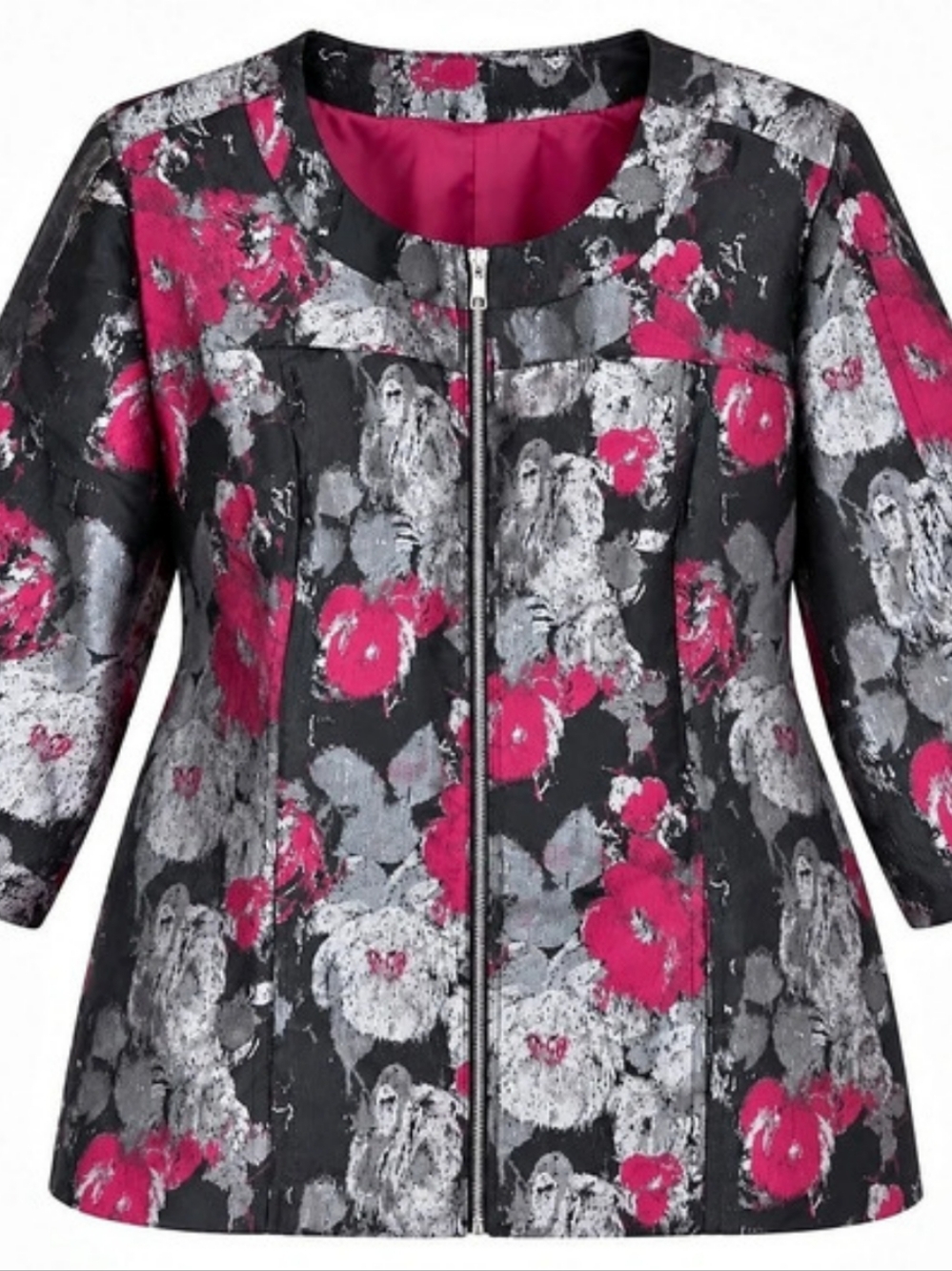 Maggie Barnes 1X Floral Jacquard Jacket Black Magenta Silver Zip Front Workwear